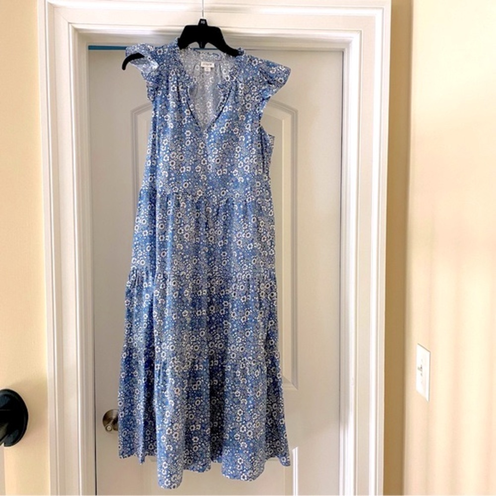 J. Crew Factory Sleeveless Blue Floral Cotton Poplin Tiered Midi Dress Size S